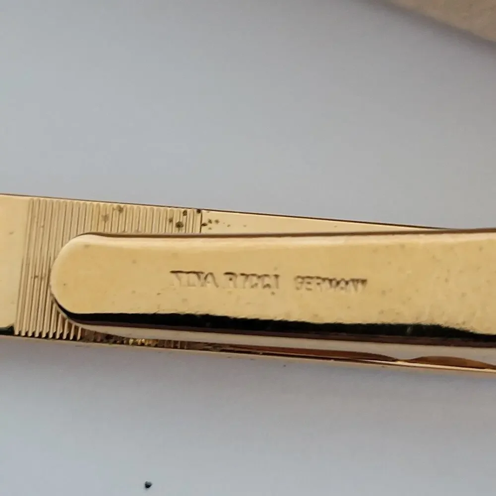 Nina Ricci N French Tie Bar Clip Cufflinks Set Gold Black Tone Logo Round Box‎